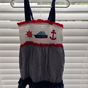 Kids Nautical Dress with Ship Design - Navy and Red